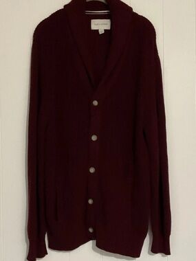 Sun + Stone Men's Burgundy Solid Knit V-Neck Button Cardigan Sweater L Pockets